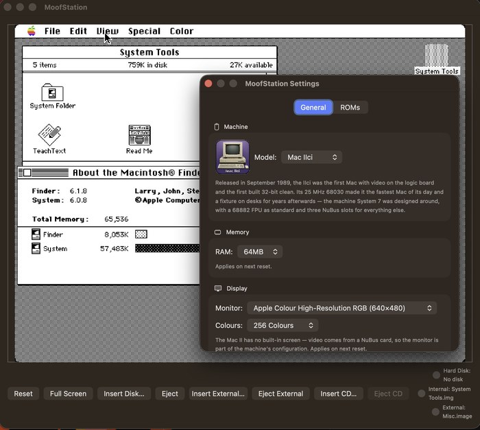An emulated Mac IIci running System 6.0.8 with 64MB of RAM, its About the Finder box reporting 65,536K total memory, beside MoofStation's Settings showing a 640×480 colour monitor at 256 colours.