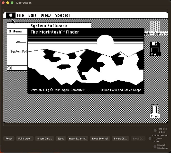 An emulated Mac 512K showing the System Software disk window and the Macintosh Finder 1.1g about box, credited to Bruce Horn and Steve Capps, 1984.