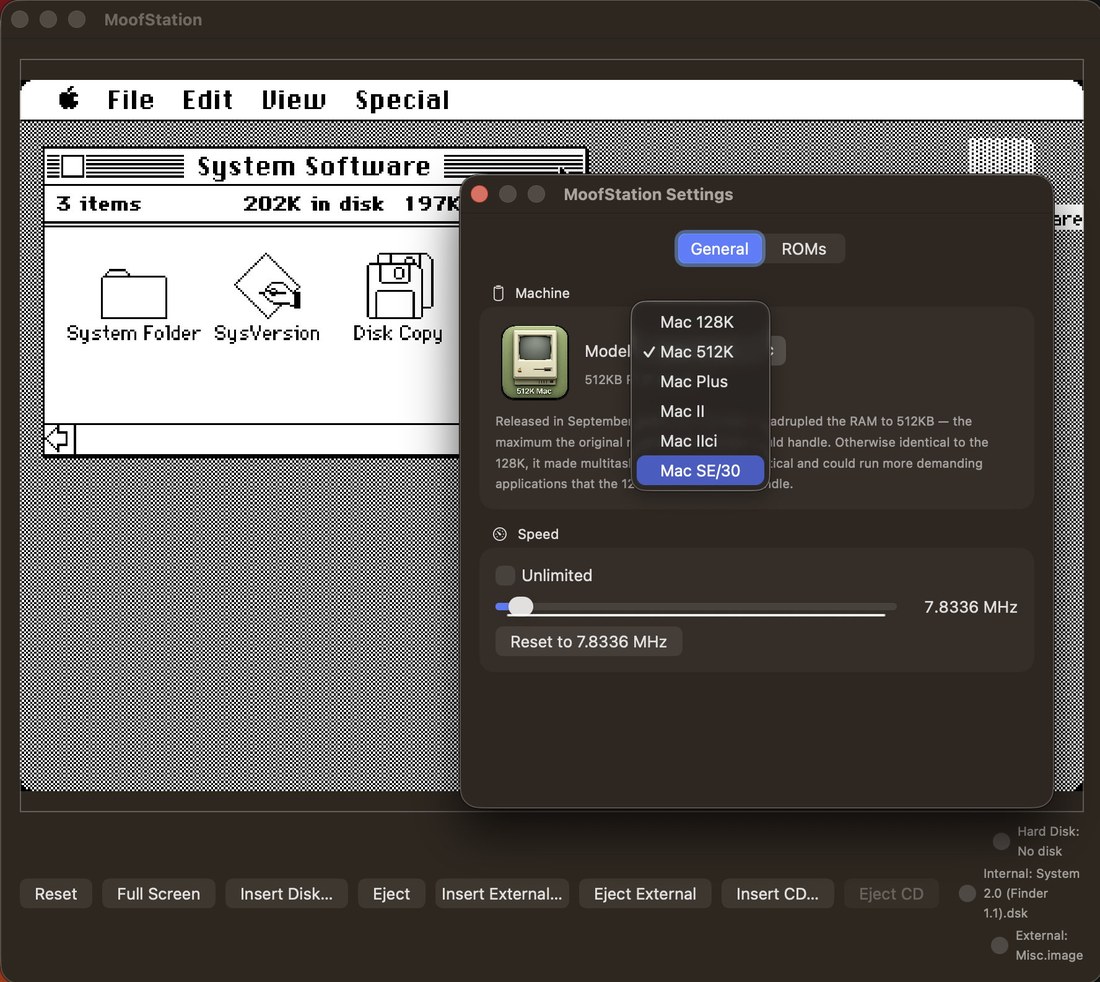 MoofStation running System Software on an emulated Mac 512K, with the Settings window open and the Machine menu unrolled to show Mac 128K, 512K, Plus, II, IIci and SE/30.