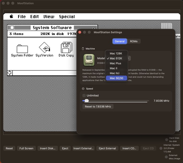 MoofStation's Settings window with the Machine menu open, listing Mac 128K, Mac 512K, Mac Plus, Mac II, Mac IIci and Mac SE/30, alongside a picture of the selected machine and its clock speed.