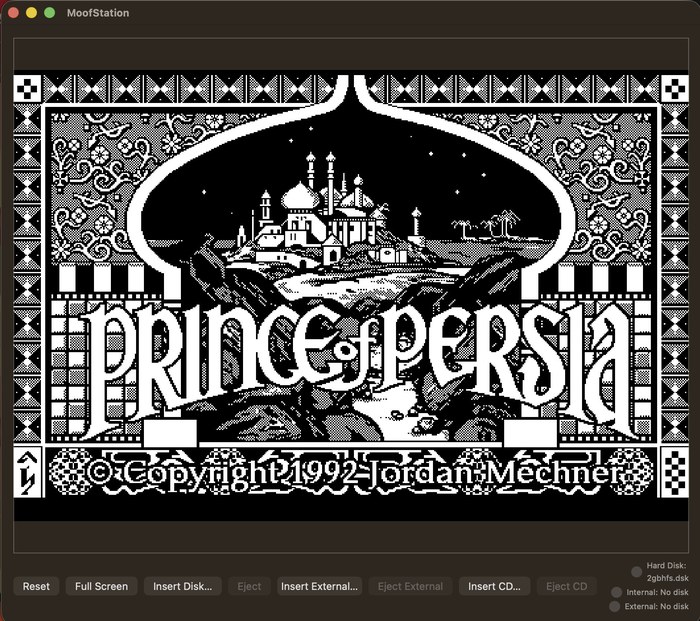 The Prince of Persia title screen in black and white, drawn at 512 by 342 pixels inside MoofStation, copyright 1992 Jordan Mechner.